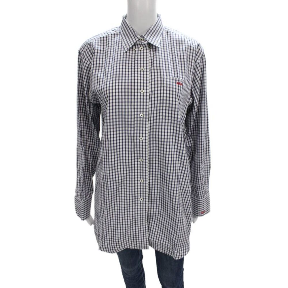 Claridge + King Womens Cotton Blue Check Collared Button-Up Long Sleeve Size M